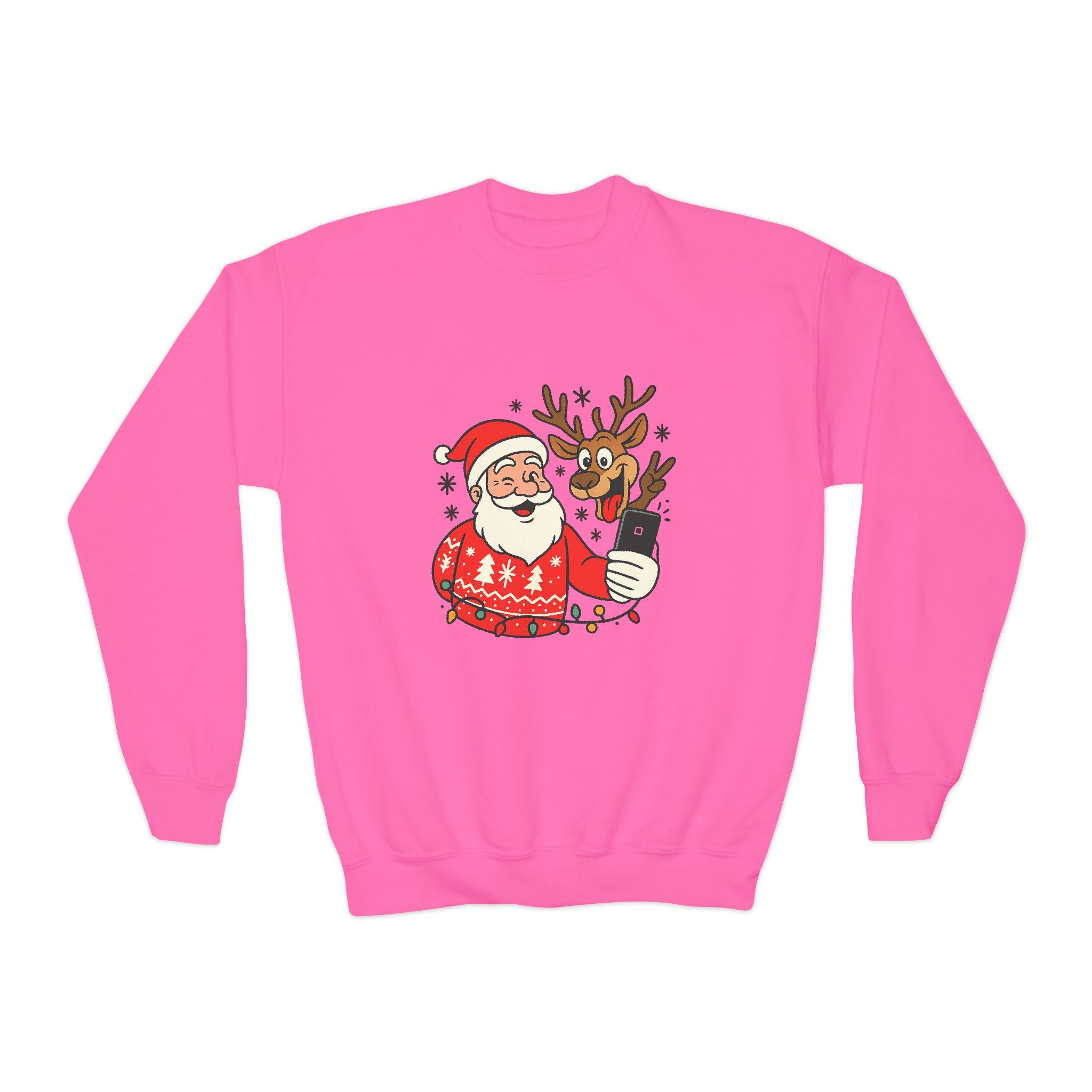 Festive Youth Sweatshirt with Santa and Reindeer Design, Holiday Gift, Cozy Sweater, Christmas Apparel, Cute Kids Clothing