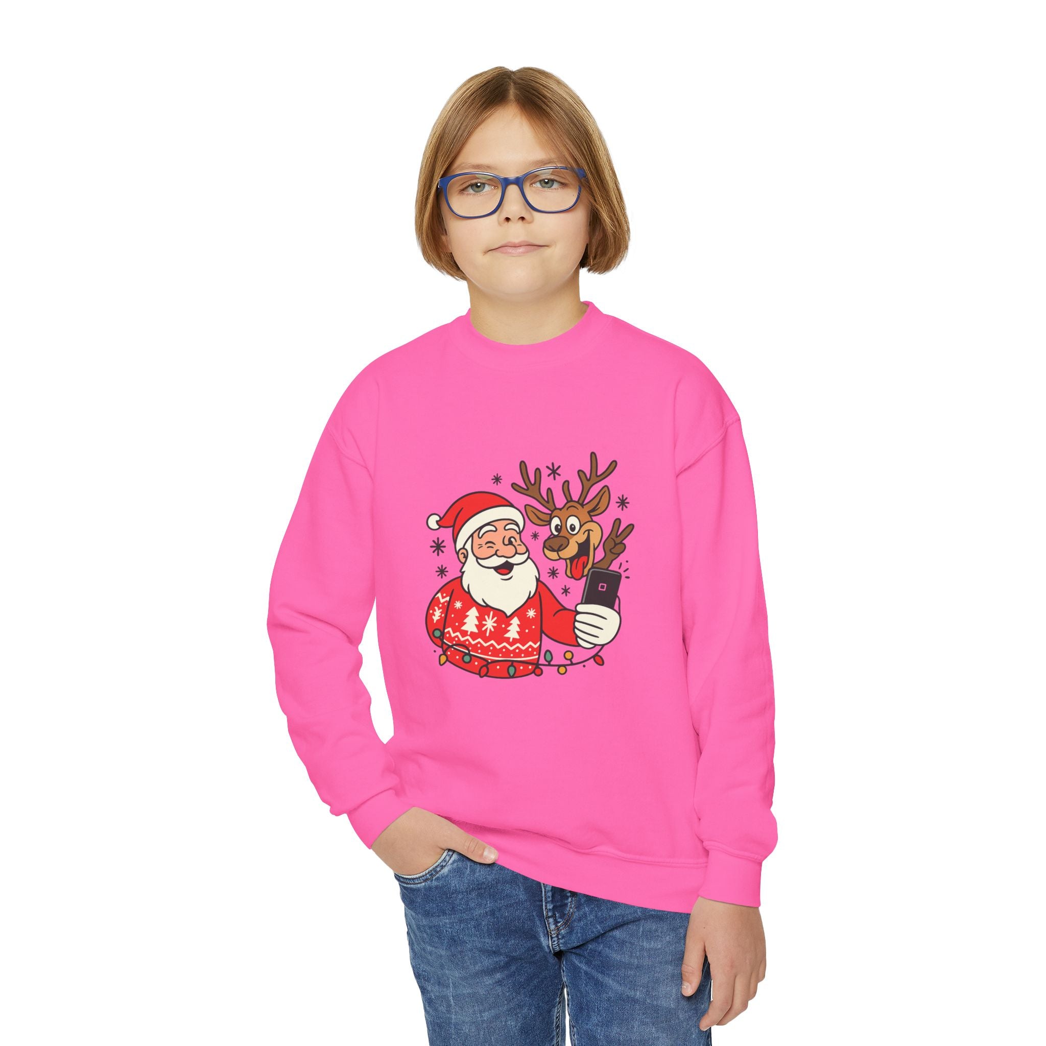 Festive Youth Sweatshirt with Santa and Reindeer Design, Holiday Gift, Cozy Sweater, Christmas Apparel, Cute Kids Clothing
