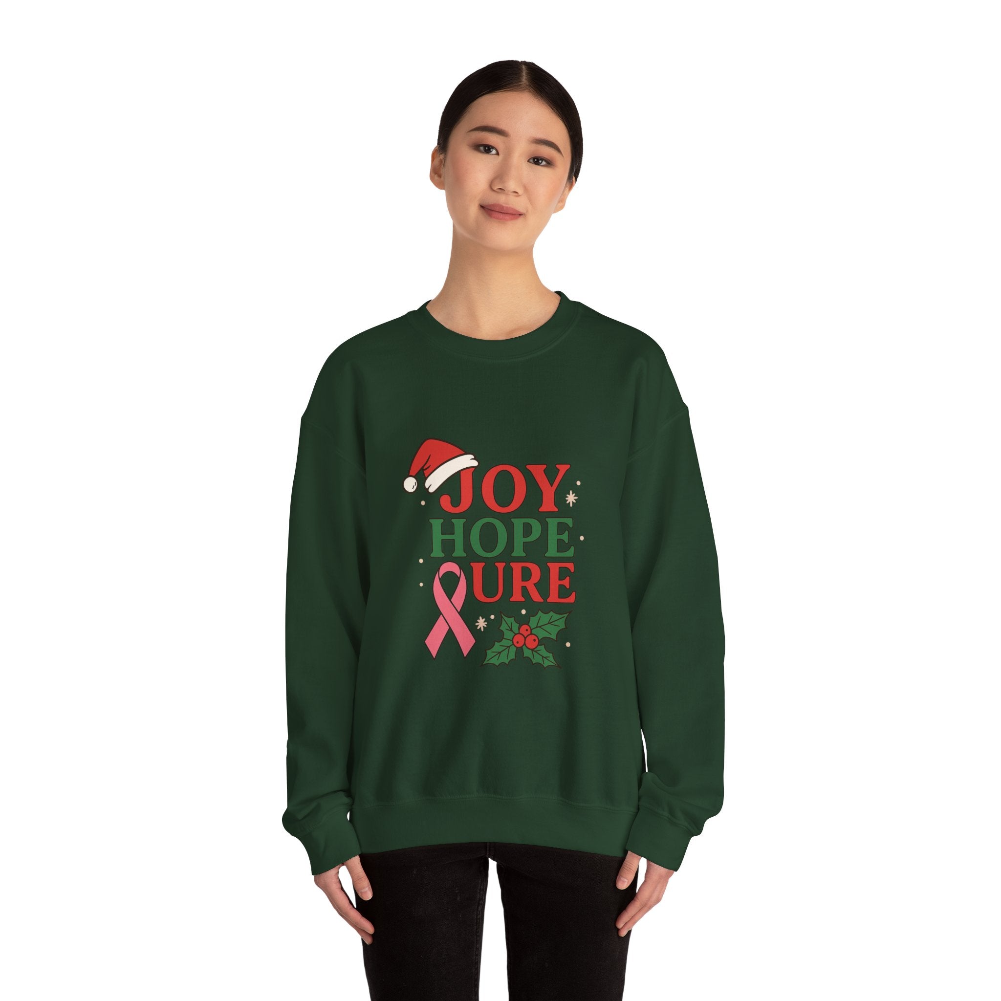 Joy, Hope, Cure Holiday Sweatshirt – Unisex Crewneck for Christmas, Cancer Awareness, Cozy Gift, Festive Apparel