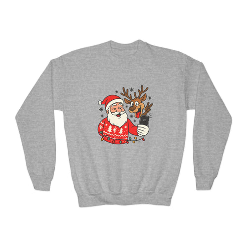 Festive Youth Sweatshirt with Santa and Reindeer Design, Holiday Gift, Cozy Sweater, Christmas Apparel, Cute Kids Clothing