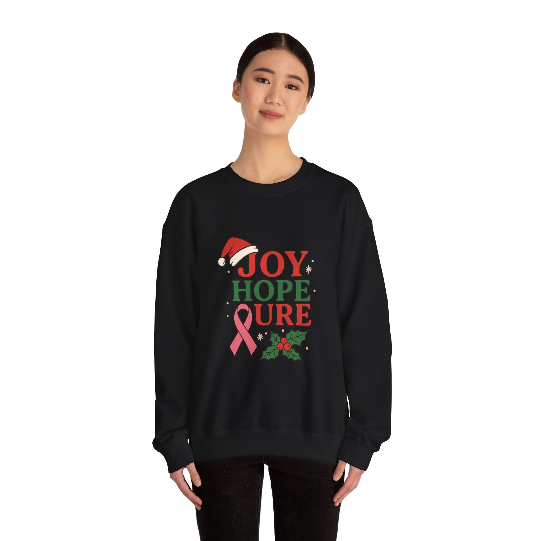 Joy, Hope, Cure Holiday Sweatshirt – Unisex Crewneck for Christmas, Cancer Awareness, Cozy Gift, Festive Apparel