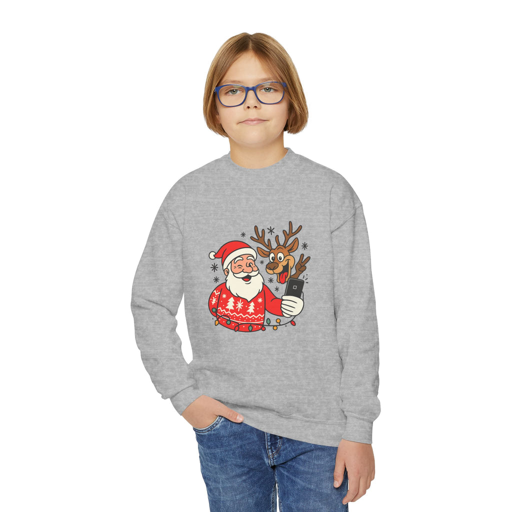Festive Youth Sweatshirt with Santa and Reindeer Design, Holiday Gift, Cozy Sweater, Christmas Apparel, Cute Kids Clothing