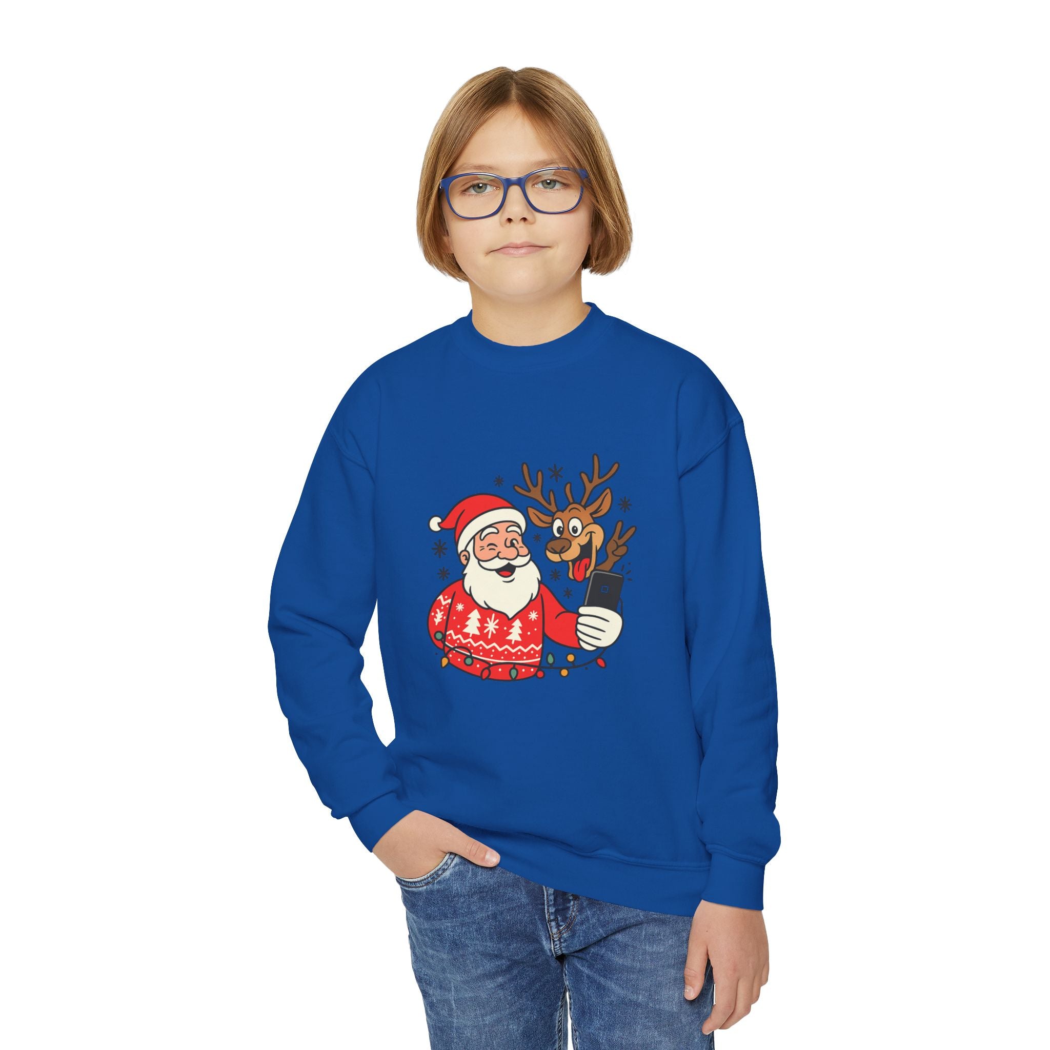 Festive Youth Sweatshirt with Santa and Reindeer Design, Holiday Gift, Cozy Sweater, Christmas Apparel, Cute Kids Clothing