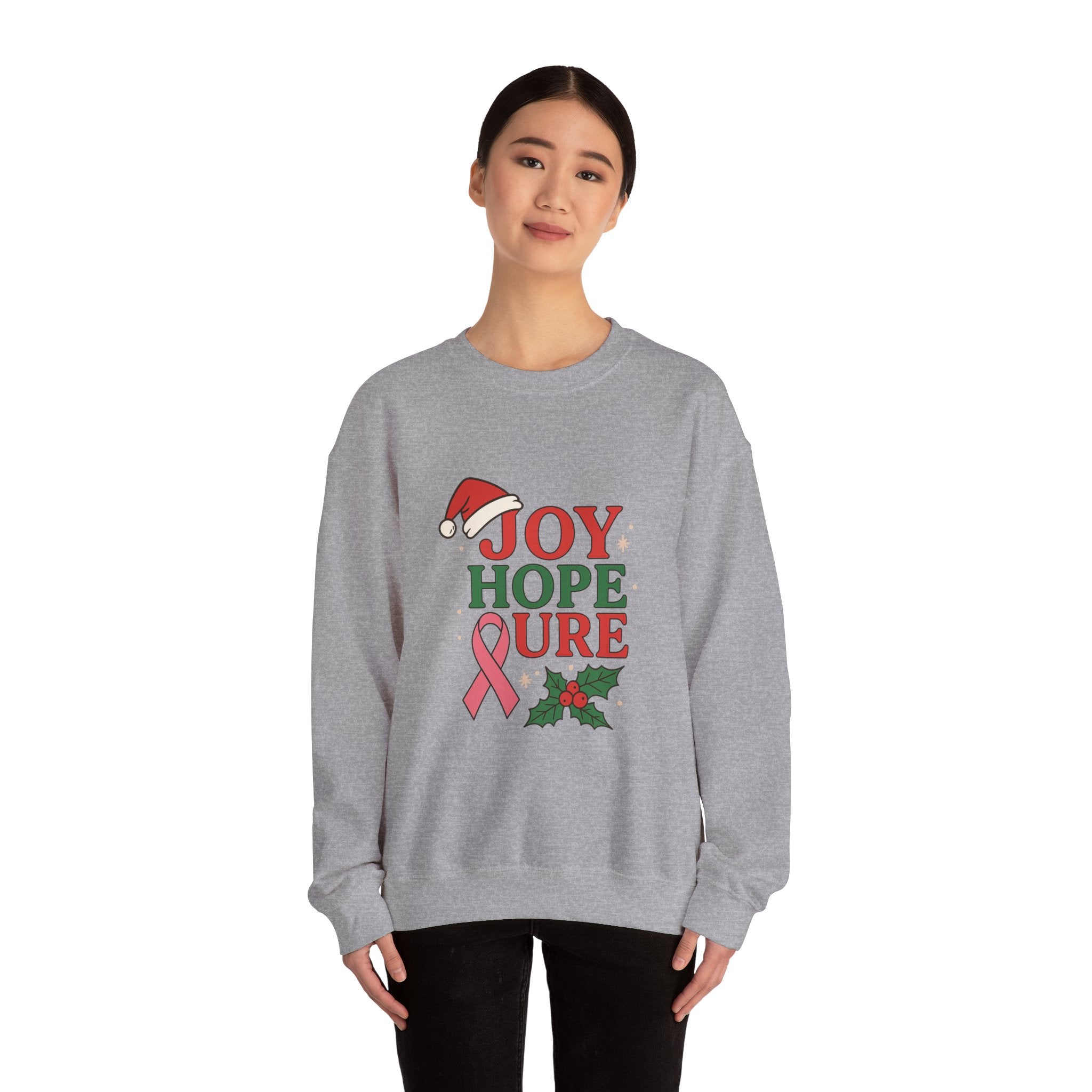 Joy, Hope, Cure Holiday Sweatshirt – Unisex Crewneck for Christmas, Cancer Awareness, Cozy Gift, Festive Apparel