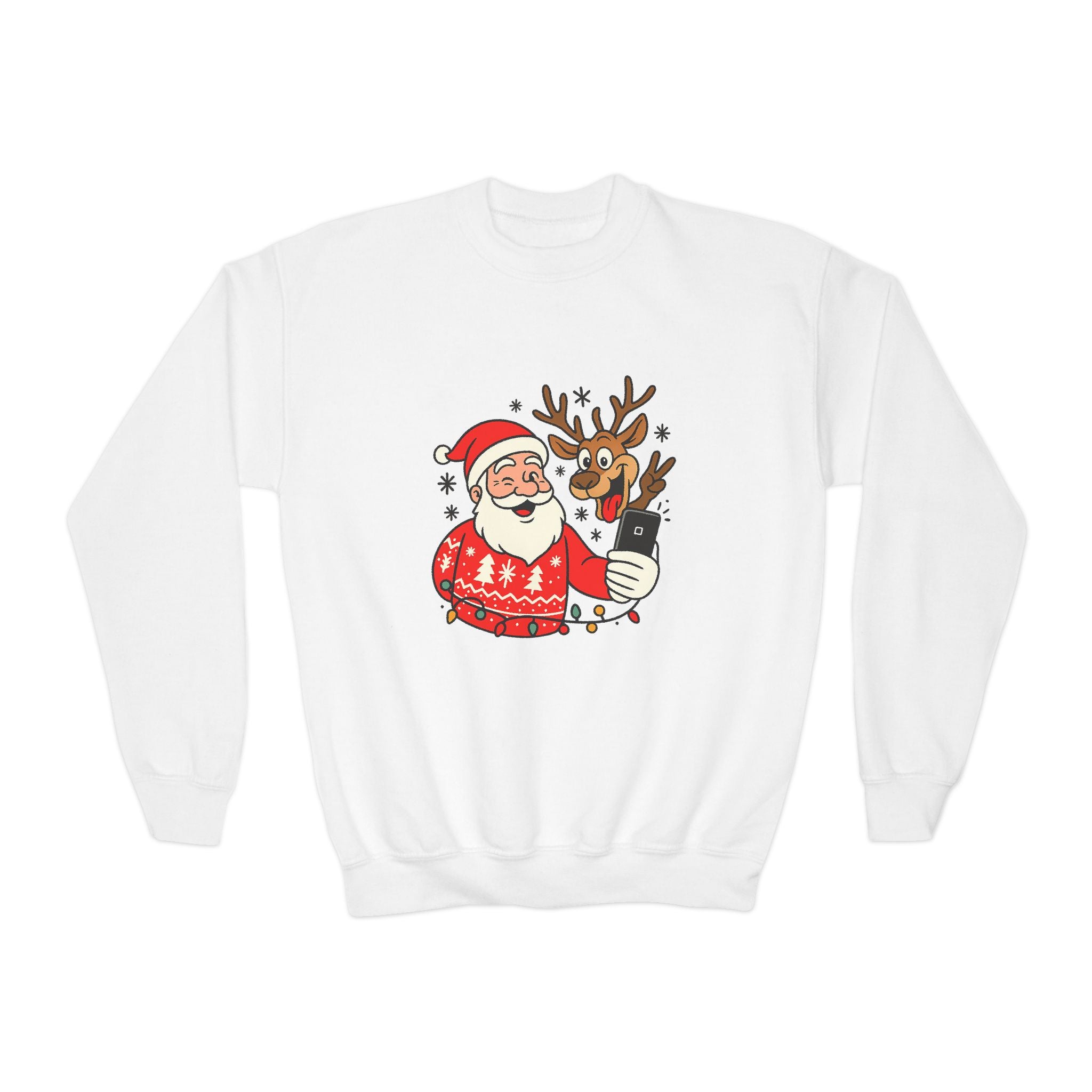 Festive Youth Sweatshirt with Santa and Reindeer Design, Holiday Gift, Cozy Sweater, Christmas Apparel, Cute Kids Clothing