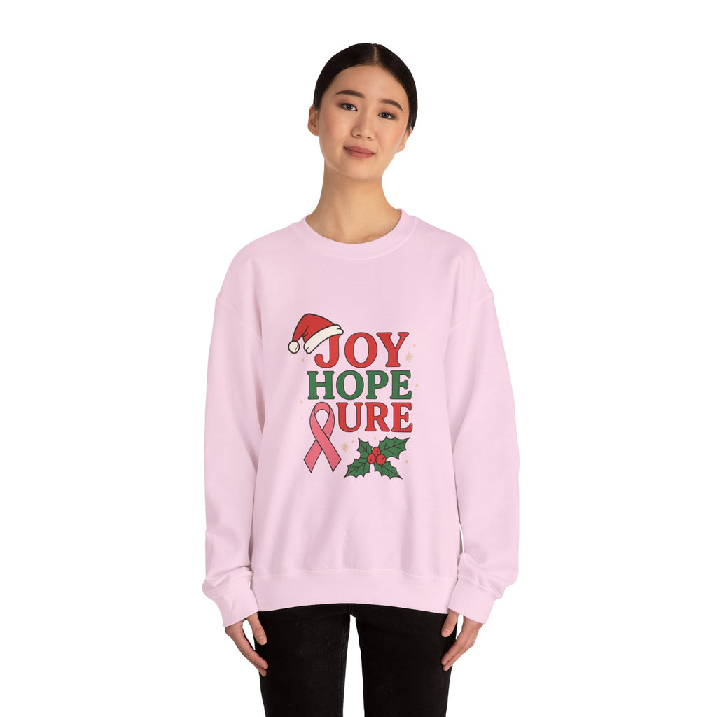 Joy, Hope, Cure Holiday Sweatshirt – Unisex Crewneck for Christmas, Cancer Awareness, Cozy Gift, Festive Apparel