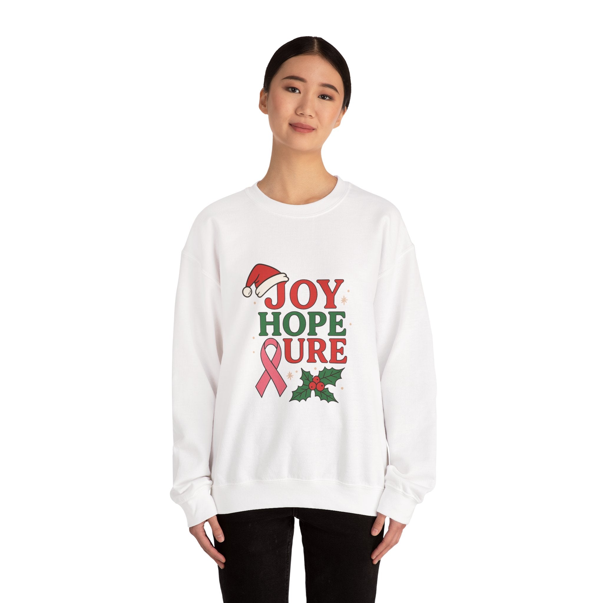 Joy, Hope, Cure Holiday Sweatshirt – Unisex Crewneck for Christmas, Cancer Awareness, Cozy Gift, Festive Apparel