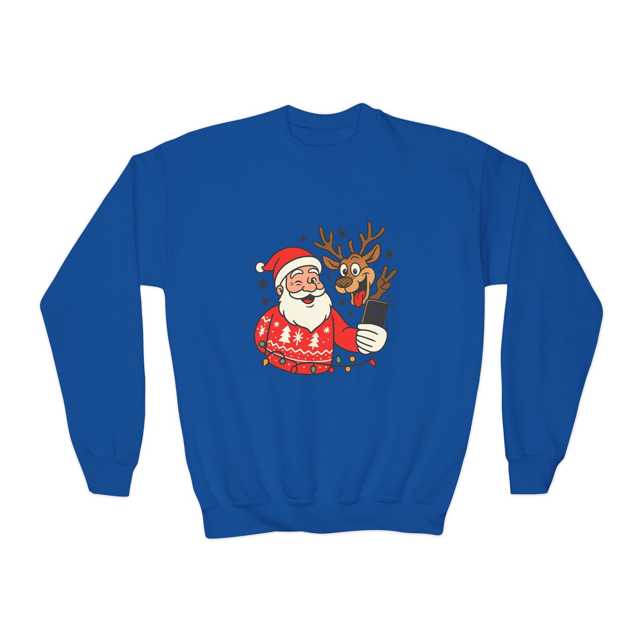 Festive Youth Sweatshirt with Santa and Reindeer Design, Holiday Gift, Cozy Sweater, Christmas Apparel, Cute Kids Clothing