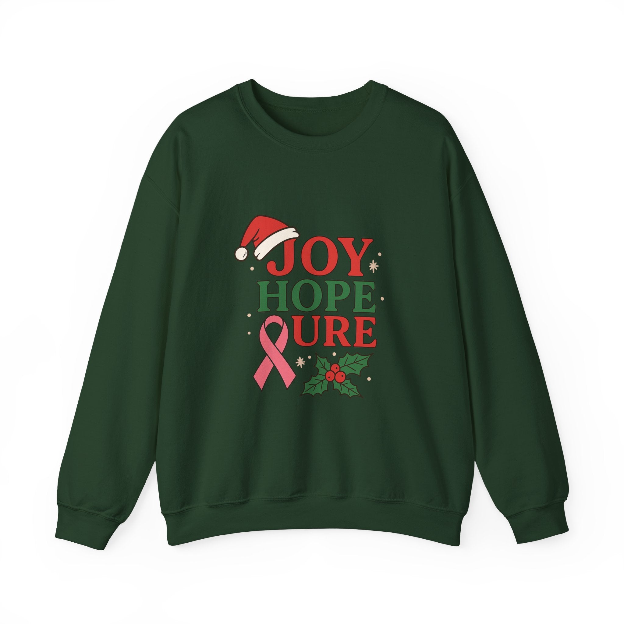 Joy, Hope, Cure Holiday Sweatshirt – Unisex Crewneck for Christmas, Cancer Awareness, Cozy Gift, Festive Apparel