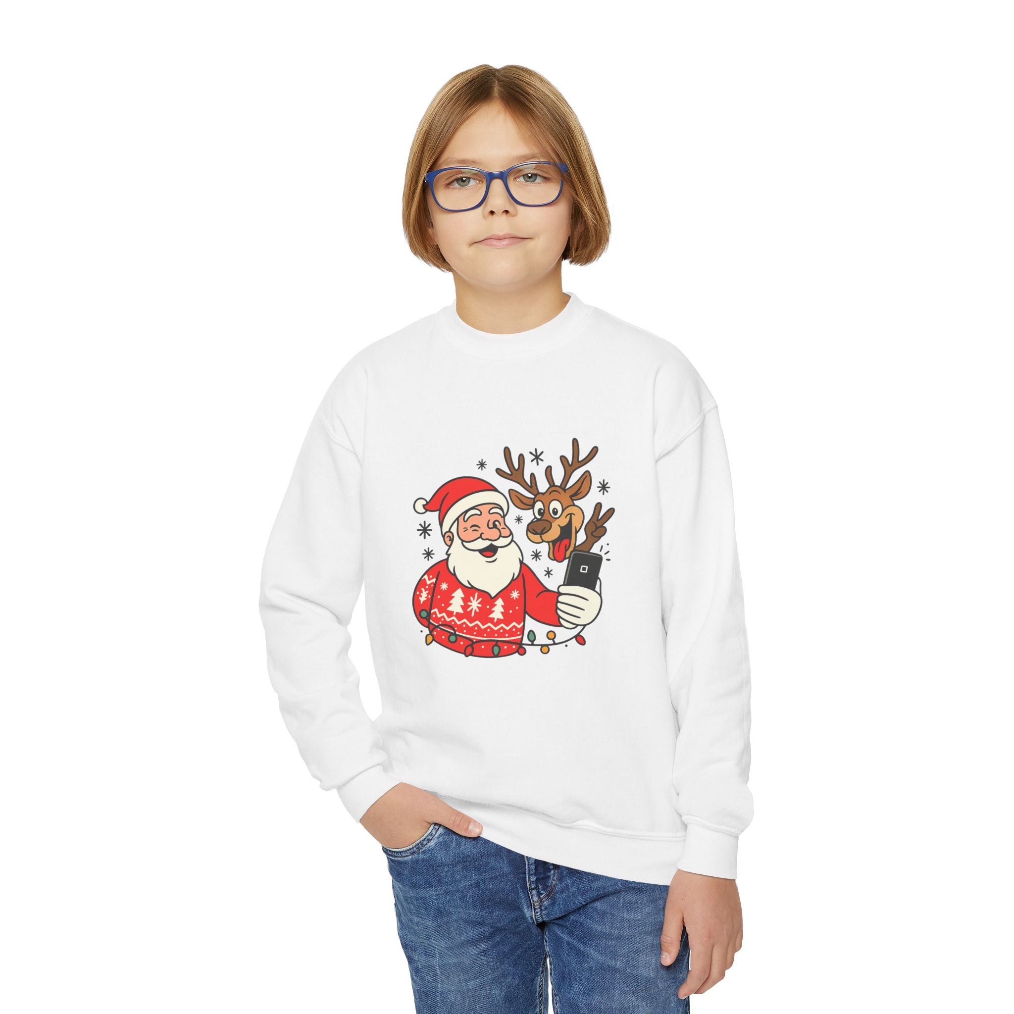 Festive Youth Sweatshirt with Santa and Reindeer Design, Holiday Gift, Cozy Sweater, Christmas Apparel, Cute Kids Clothing