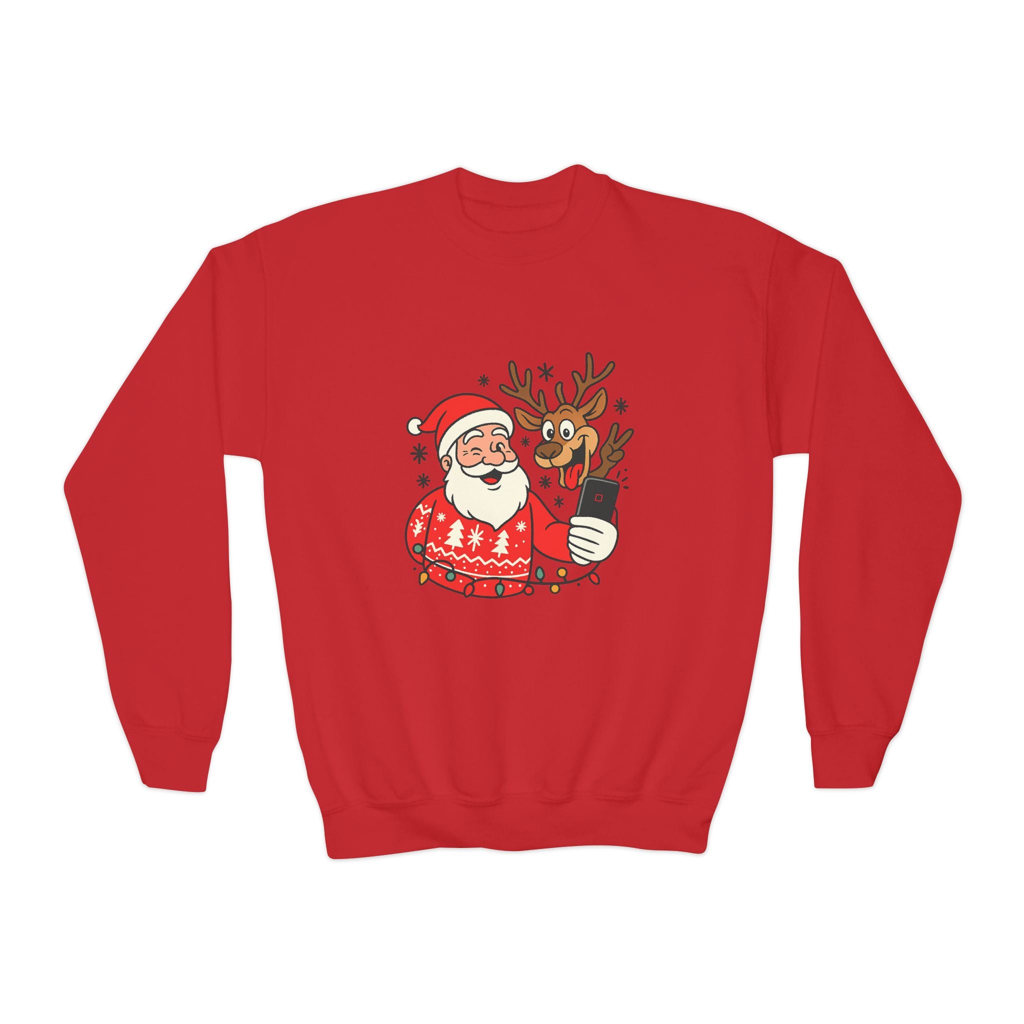 Festive Youth Sweatshirt with Santa and Reindeer Design, Holiday Gift, Cozy Sweater, Christmas Apparel, Cute Kids Clothing