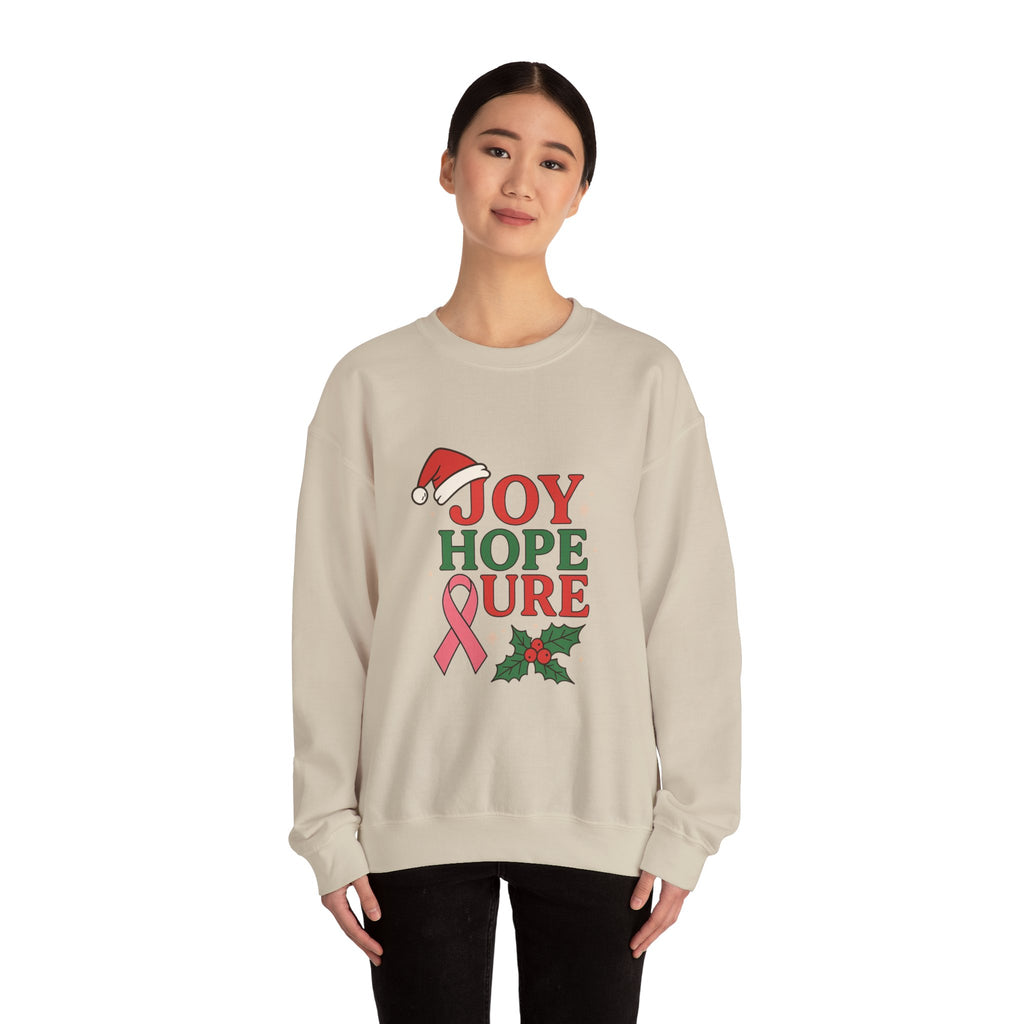Joy, Hope, Cure Holiday Sweatshirt – Unisex Crewneck for Christmas, Cancer Awareness, Cozy Gift, Festive Apparel