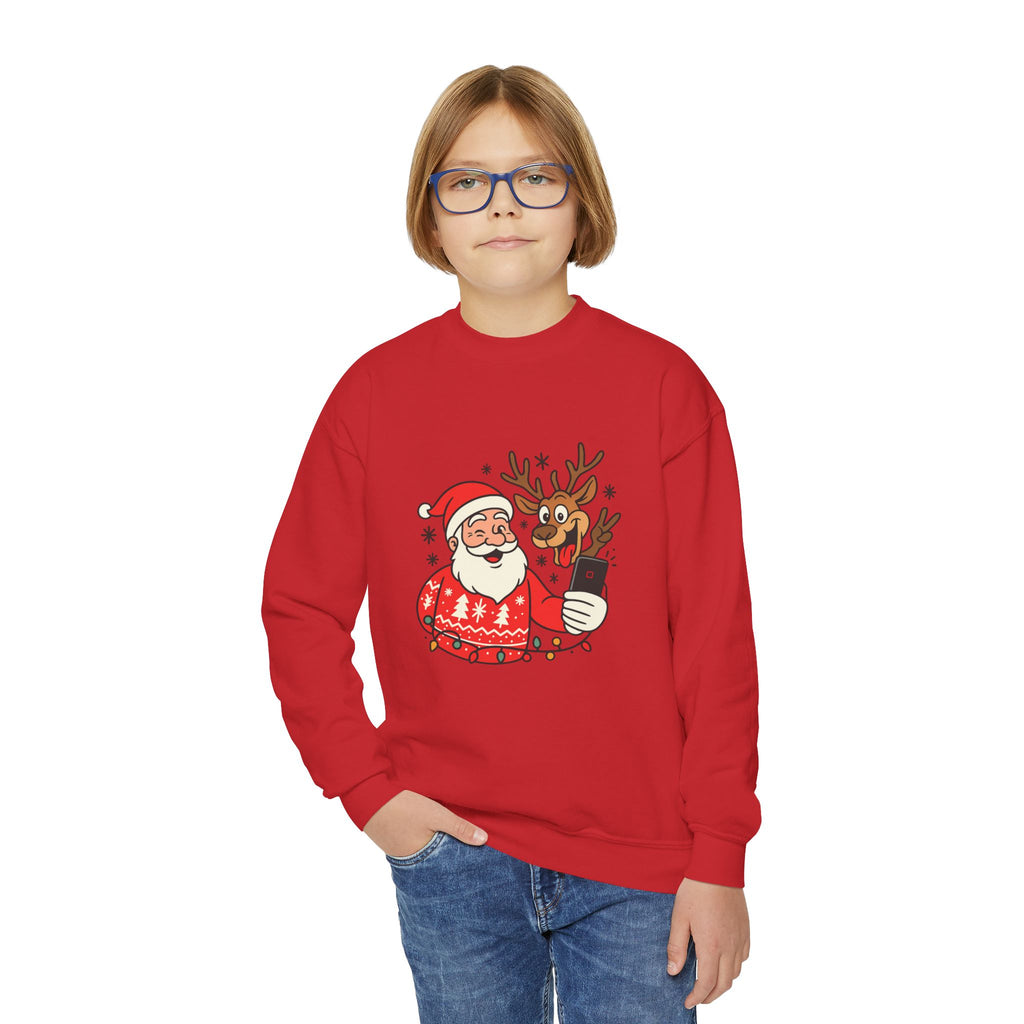 Festive Youth Sweatshirt with Santa and Reindeer Design, Holiday Gift, Cozy Sweater, Christmas Apparel, Cute Kids Clothing